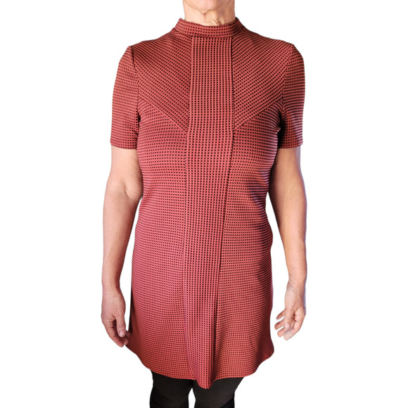 TOPSHOP Red Black Mock Neck Dress Sz 10 Quilted Midi Exposed Zipper Disco Career - Picture 8 of 9